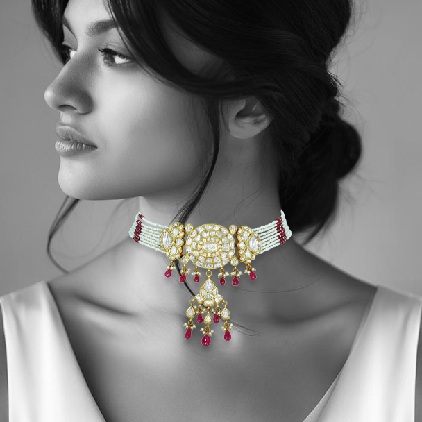 Oval Polki Choker with Floral Motifs, Ruby Drops, and Pearl Accents